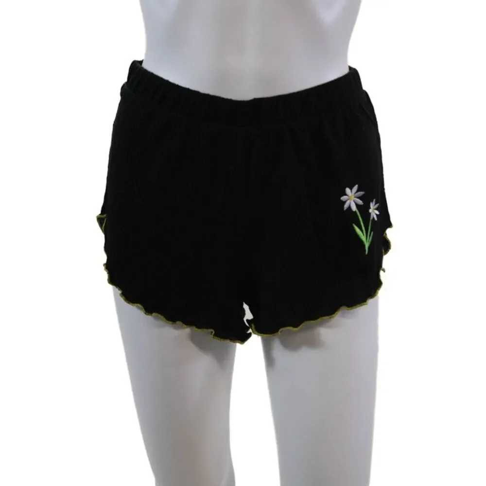 Emerson Road Womens Floral Embroidered Sleepwear Top + Short Set Black Size XS
